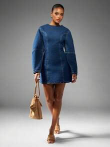 MISSGUIDED Denim Mini Dress Long Balloon Sleeves Fitted Waist Structured Silhouette Vintage Style Perfect Fall Winter Outfit Street Fashion Statement Piece - Blue - View 3
