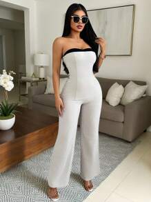 Chiquease 2 件套女士套装杏灰色吊带背心式上衣，背部有褶饰，搭配直筒裤 - 彩色 - 查看 5