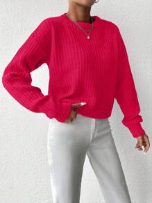 EURMUSE Maglione monocolore spalle cadenti in maglia a coste - Rosa - Visualizzare 3