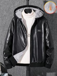 SHEIN Tween Boys' Casual Everyday Versatile Comfortable Motorcycle Style PU Faux Fur Lined Thick Woven Jacket Suitable For Birthday Parties, Evening Parties, Performances, Weddings, Baptisms, Opening Ceremonies Daily Suitable For Daily Use Suitable For School Suitable For Travel Suitable For Sports Suitable For Autumn And Winter Hooded Jacket Faux Leather Jacket Jackets For Tweens Zip Up Jackets Tween Teen Boy Jackets Fall - Black - View 4