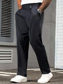 Manfinity Homme 男士简约纯色褶皱口袋西装裤，休闲日常穿着高腰休闲裤，商务正装风格，复古风 - 藏蓝色 - 查看 6