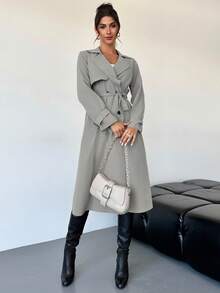 Firerie Elegant Design Waist Cinched A-Line Long Sleeve Trench Coat, Autumn/Winter - Light Grey - View 4