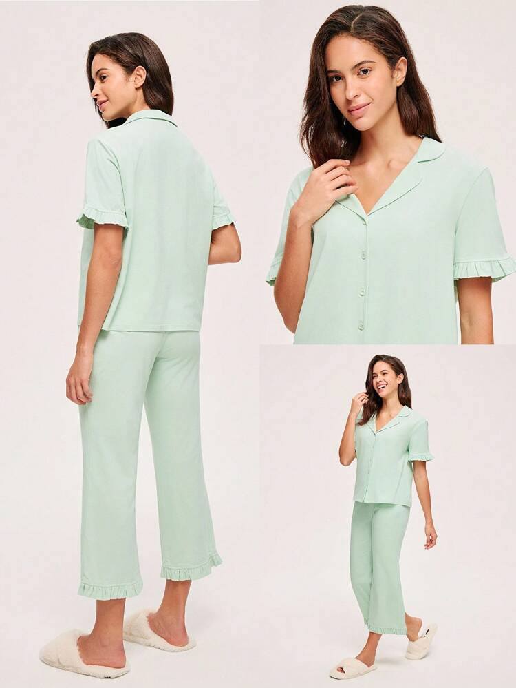 Conjunto de Pijama Respirável de Algodão com Top de Botões de Manga Curta e Calça Leve, Estampa Fresca de Menta, Roupas de Estar em Casa Fofas, Adequado para Mulheres, Adolescentes, Jovens e Crianças, Primavera e Verão