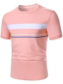 Manfinity Homme Men's Casual Colorblock Striped Short Sleeve T-Shirt, Summer - Baby Pink - View 3