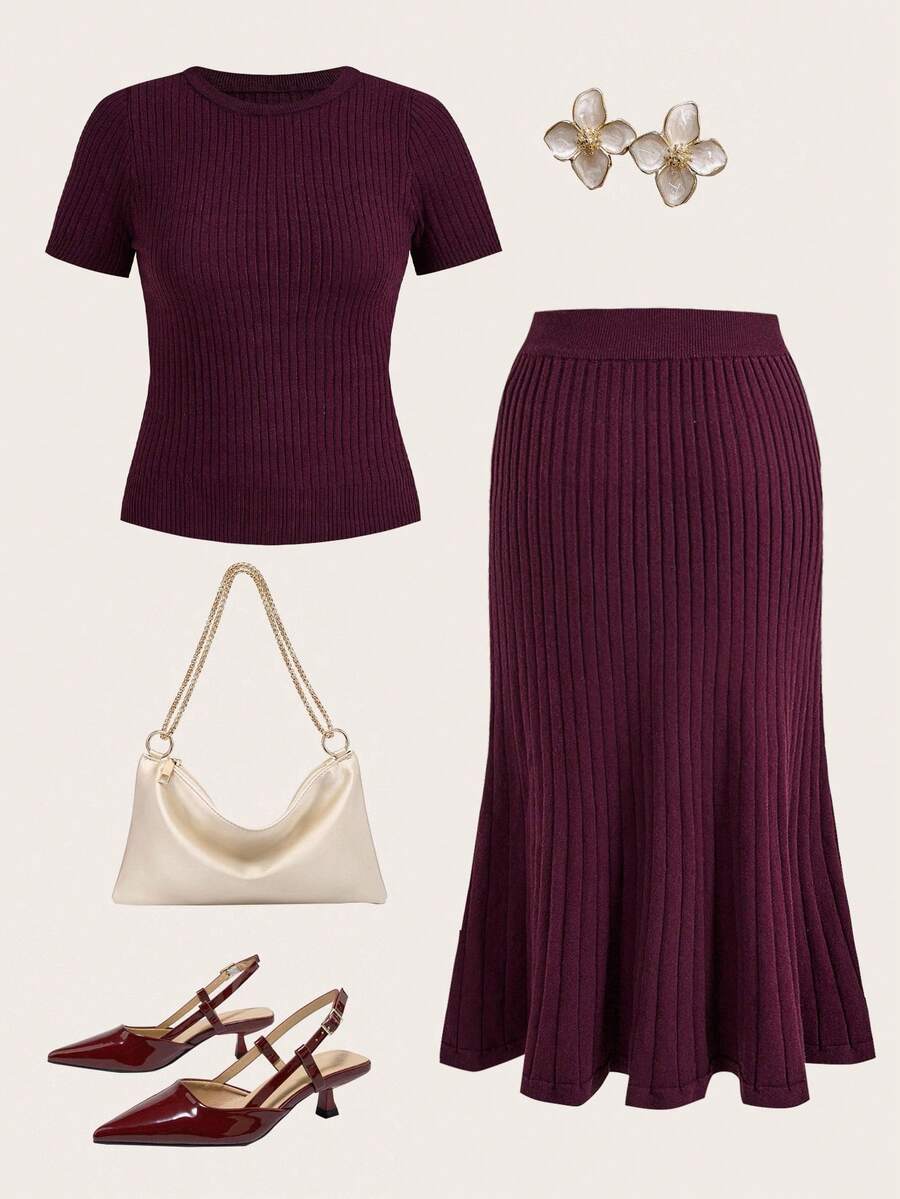 Modelyn 大码女式纯色圆领短袖针织上衣和鱼尾针织中裙套装 - 酒紅色 - 查看 1