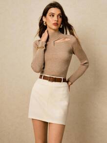 Poéselle Suéter de punto elegante de manga larga con cuello alto abotonado y calado, para mujer. Suéteres de mujer, ropa neutra para mujer, atuendos beige para mujer, suéter acanalado, suéter con calado para otoño/invierno