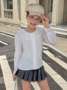 SHEIN 女童休闲通勤风白色提花宽松长袖彼得潘领衬衫，适合日常通勤