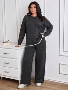EURMUSE Minimalist Contrast-Trim Lounge Set – Soft Knit Long Sleeve Top & Wide-Leg Pants - Grey - View 4