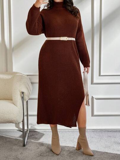 EURMUSE Chocolate Brown Turtleneck Ribbed Knit Sweater Dress – Long Sleeve Slim Fit Maxi Winter Dress