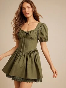 WESTFADE Đầm ngắn tay bồng xòe kiểu corset, cổ tròn, cổ tim, tay phồng, 100% cotton, dáng ôm, xòe, dáng ôm, phong cách dạ hội đồng quê, mặc khi đi học trở lại - Màu xanh Ô liu - Xem 4