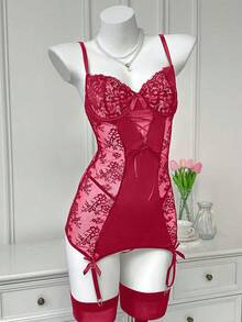 SHEIN 3pcs Set Lace Patchwork Bow Tie Sexy Nightgown - Burgundy - View 3