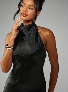 MISSGUIDED 纹理挂脖长裙高领露背晚礼服拖地长裙派对婚礼宾客特殊场合正式服装 - 黑色 - 查看 5