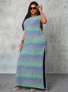 Slaydiva Plus Size Cowgirl Outfit Colorful Non-Stretch Sexy Fashion High Slit Dress, Rodeo Outfits For Women Old Money Elegant Outfit Iridescent Maxi Dress Autumn