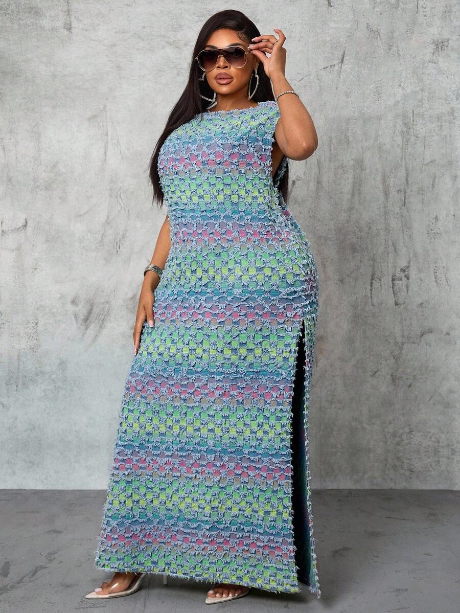Slaydiva Plus Size Cowgirl Outfit Colorful Non-Stretch Sexy Fashion High Slit Dress, Rodeo Outfits For Women Old Money Elegant Outfit Iridescent Maxi Dress Autumn