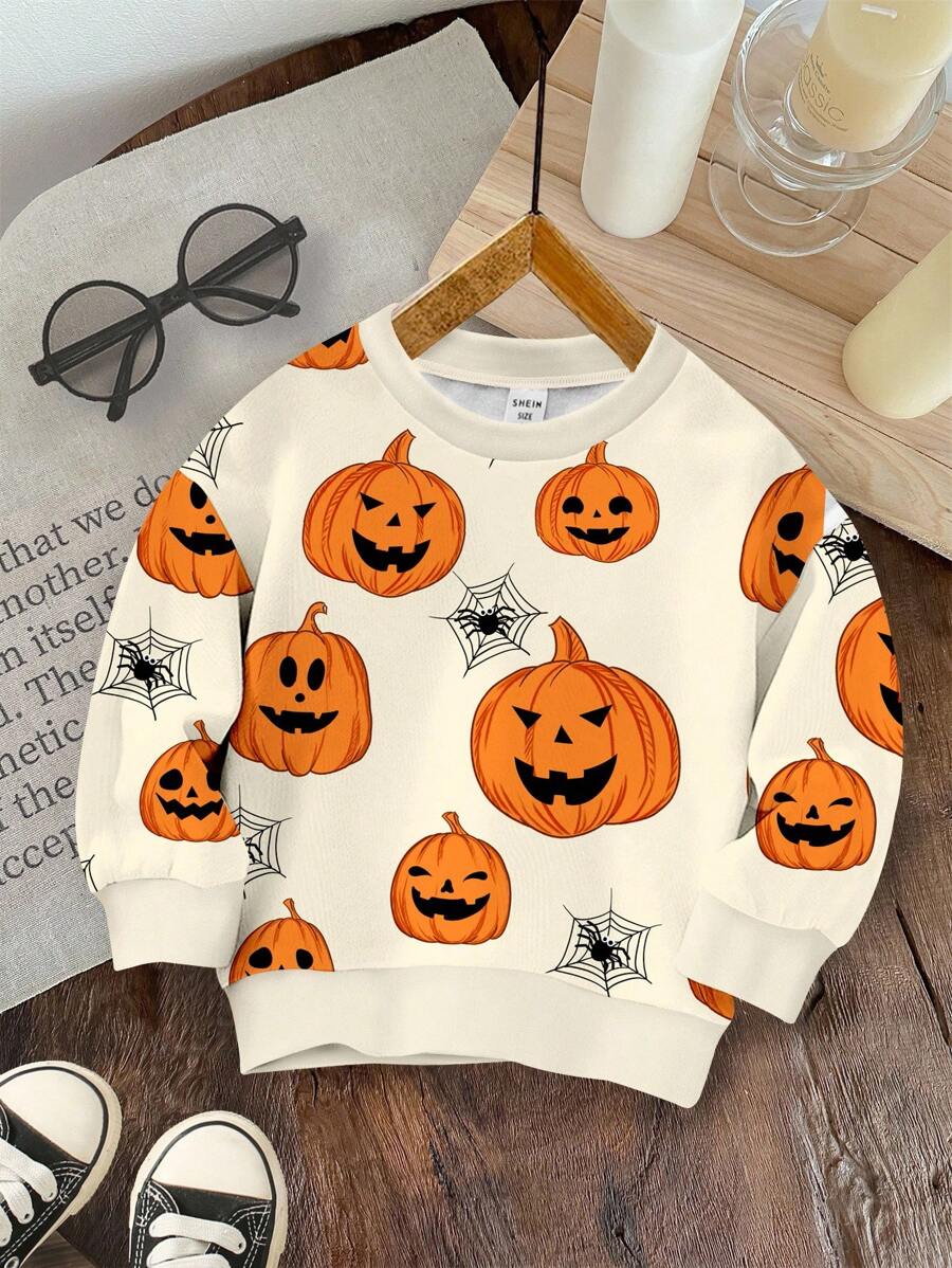 SHEIN Felpa ampia con girocollo comoda in maglia per ragazzi, con semplice motivo di Ognissanti, adatta per autunno/inverno