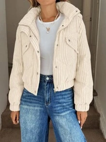 Easowa Button & Zipper Front Slant Pocket Hooded Long Sleeve Casual Loose Commuter Vintage Style Padded Coat For Women, Autumn/Winter Winter For Women Winter For Women Women Winter Jacket For Women Winter Jacket Women Cropped Jackets Fall For Women Corduroy Jacket Casual Women Outerwear - Apricot - View 3