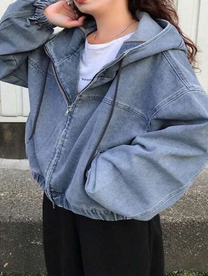 Dazy Plus Light Wash Blue Hooded Zip-Up Loose Lantern Sleeve Hem Drawstring Denim Jacket, Plus Size Women, Fall Women Jacket