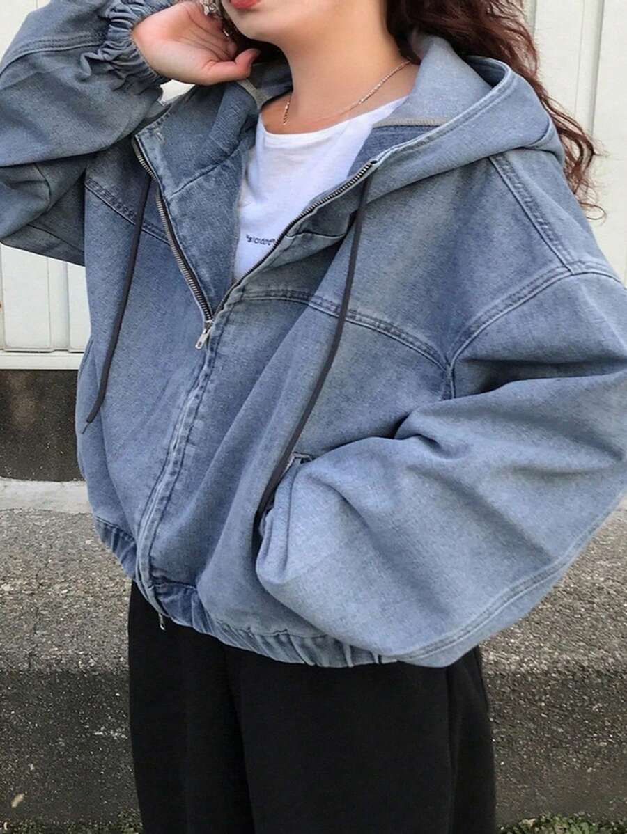 Dazy Plus Light Wash Blue Hooded Zip-Up Loose Lantern Sleeve Hem Drawstring Denim Jacket, Plus Size Women, Fall Women Jacket