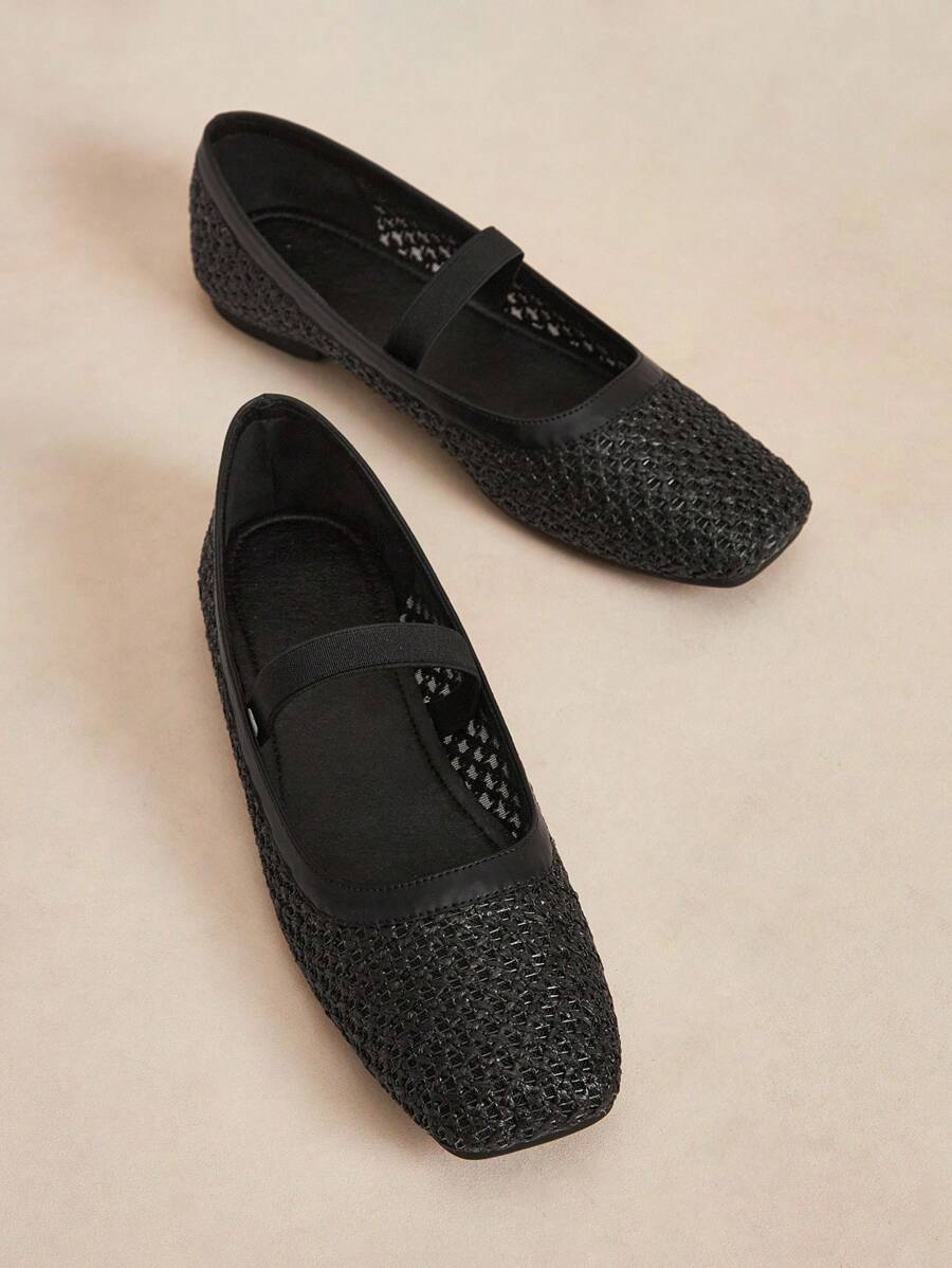 Rosivie 黑色网眼编织舒适简约透气松紧带女士平底鞋，优雅度假与波西米亚风格 - 黑色 - 查看 1