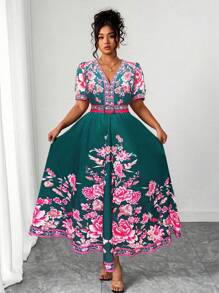 Elenzga Plus Size Women's Popular Fashion, Versatile, Thailand Maldives Vacation Beach Boho Style Printed Cinched Waist V-Neck Cap Sleeve Dress, Spring/Summer - Multicolor - View 1