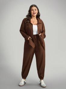 Comfylo 大码女式纯色长袖单排扣衬衫和抽绳裤休闲两件套大码休闲套装大码裤装棕色套装女式秋季服装女式冬季服装女式办公室服装时尚冬季商务棕色派对秋季万圣节圣诞节女式大码套装大码棕色套装大码两件套大码裤装套装棕色两件套女士大码亚麻服装大码裤装 - 棕色 - 查看 6