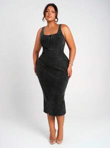 SHEIN SXY 大码女式春夏性感日常基本款复古水洗方领无袖紧身拉链 V 领休闲中长连衣裙