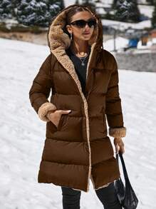 EURMUSE Double Face Teddy Bear Hooded Puffer Long Down Coat - Brown - View 4