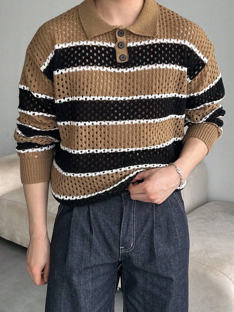 Men's Striped Multi-Color Hollow-Out Jacquard Knit Sweater, Spring/Autumn