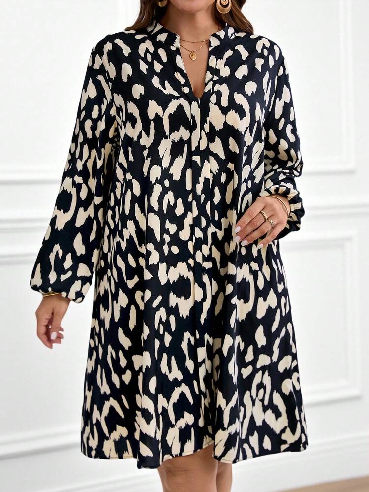 プラスサイズ Vネック 長袖 オールオーバープリント ゆったりとエレガントな秋ワンピース