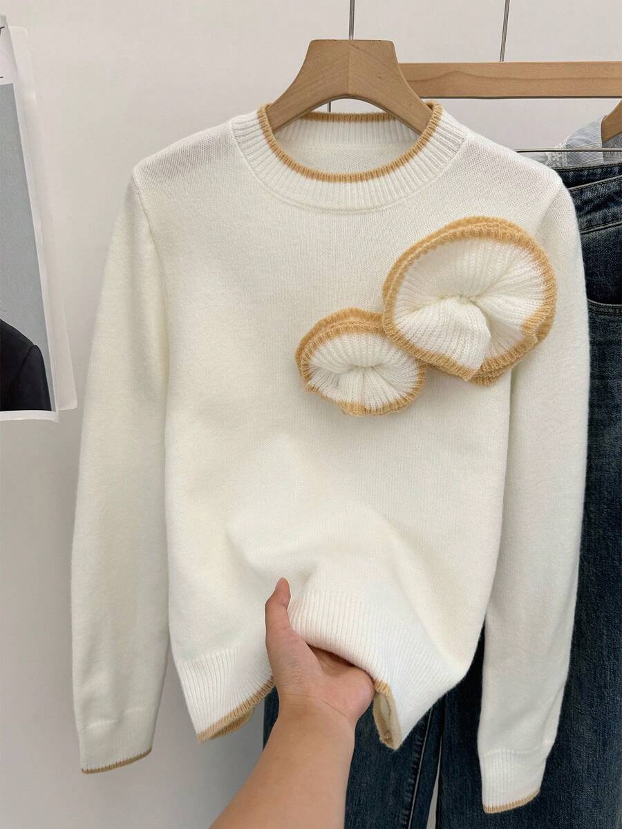 SHEIN Frenchy Women's Winter Sweater  French Casual 3D Floral Decor Contrast Trim Sweater, Autumn/Winter,Autumn Fall Sweater Knit Sweater,Knitted Sweater ,Suitable For Daily Commuting. Autumn Layering, Autumn And Winter New Arrivals,For Everyday Wear And Layering Back To School, Fall Women Clothes,Cute Tops,Going Out Tops Women,Old Money Outfits Women ,Business Casual Women,All-Season,Christmas Sweater ,New Year Clothes - Apricot - View 1