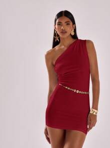 MUSERA Ruched Detail One Shoulder Sleeveless Mini Dress Romantic Ibiza Outfit Holiday Vacation Beach Summer Rave Concert Date Night Night Out Birthday Evening - Burgundy - View 6