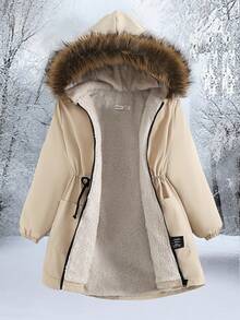 Tween Girl Casual Loose Thermal Lined Faux Fur Trim Hooded Mid-Length Parka Jacket Fall Winter - Apricot - View 8