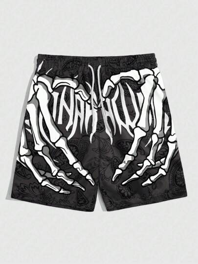 Goth Men's Casual Skull & Paisley Print Shorts, Summer