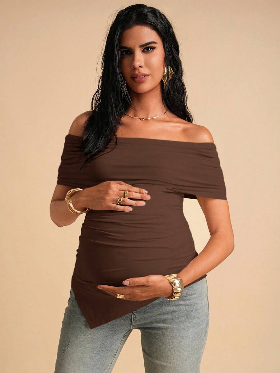 MaterniChic Maternity Solid Color Off-Shoulder Ruched Fitted Fashion T-Shirt