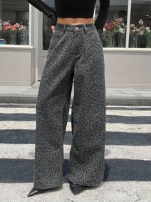 Livesso Quần jeans ống rộng cạp cao họa tiết da báo cho nữ - Màu xanh lam - Xem 7