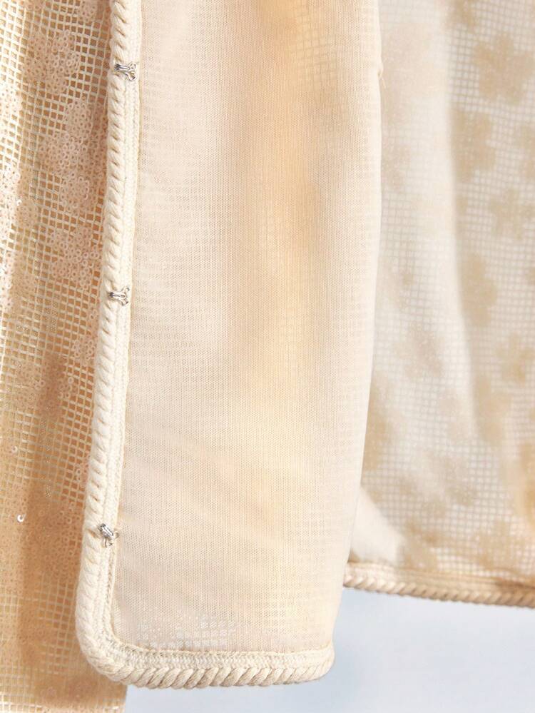 SHEIN Maija Women's Apricot Sequin Embroidered Round Neck Drop Shoulder Long Sleeve Front Open Cardigan, Versatile Fashion Essential For All Seasons, Elegant Business Casual Office Wear, Low-Key Vintage Vibe, High-End Urban Commuter Style, Suitable For Social, Vacation, Party Occasions Cardigans Fall Clothes Fall Women Clothes Wedding Guest Dress Elegant Modern Vacation Nomadic Casual Fashion All-Match Women's Country Concert Clothing Western Style