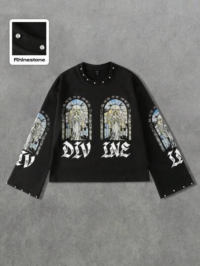 Goth Men's Glitter Diamond Print Long Sleeve T-Shirt, Loose Cropped Style , Fall