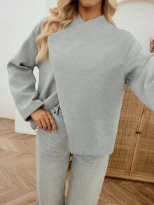 SHEIN LUNE Women's Solid Color Oblique Placket Long Sleeve Loose Woolen Coat,Light Grey Autumn Casual Everyday Business Jacket,Modern Winter Clothes For Woman - Grey - View 10