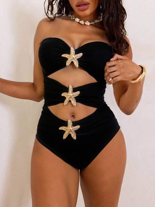 SHEIN Swim Women Solid Color Spaghetti Strap Beach Vacation Waist Hollow Metallic Starfish Design One-Piece Swimsuit, New Summer