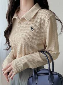 FRIFUL Women's Beige Textured Fabric Embroidered Print Shirt Collar Long Sleeve Casual Loose Fit Versatile T-Shirt, Autumn - Beige - View 5