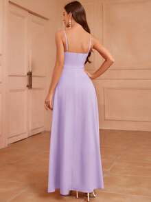 SHEIN Belle 成人伴娘礼服，正面有褶皱，侧面高开叉，细肩带，纯色 - 紫丁香色 - 查看 2