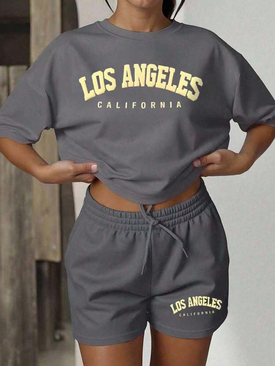 2pcs Women Summer Casual Letter Printed Drop Shoulder Loose T-Shirt And Drawstring Waist Shorts Set