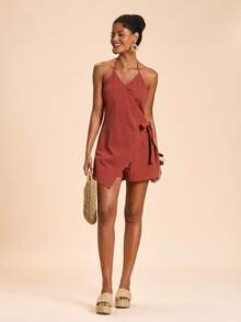 Travachic 女士纯色编织吊带连体裤，度假女士夏季连体裤，吊带连体裤，休闲连体裤，裹身式连体裤，度假连体裤 - 紅木色 - 查看 4