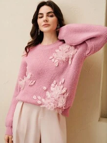 Anewsta Pink Floral,Autumn,Elegant,Date New Thick Pullover Sweater,Floral 3D Embroidery Knitted Sweater,Loose Fit Long Sleeve Casual Slouchy Knit Top,Chic - Pink - View 6