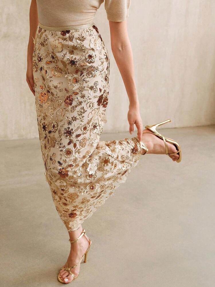 Champagne Elegant Floral Mesh Sequin Skirt, Women's Resort Wear, Fashionable Date Night, Spring/Summer