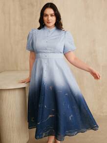 Anewsta Plus Size Women's Elegant Purple Ombre Bubble Embroidery Dress, Spring/Summer - Blue - View 7