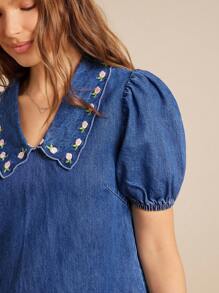 WESTFADE Vestido vaquero mini de cintura baja con mangas cortas abullonadas, cuello bordado con flores estilo campestre, relajado, para volver al colegio, ropa linda de otoño