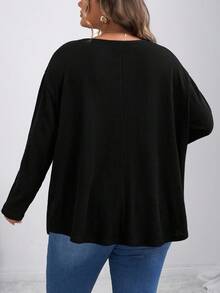 SHEIN CURVE+ Áo thun nữ tay dài cài nút phía trước màu đen, trang phục thường ngày/Mùa thu/Mùa đông - màu đen - Xem 3