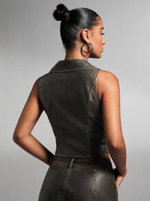 SHEIN BAE 女士黑色水洗做旧皮革PU休闲百搭时尚复古金属拉链装饰时尚女式上衣/外出上衣/复古风 - 黑色 - 查看 2