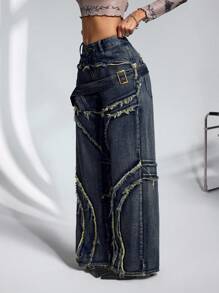 Jeanoix Jeans casuales anchos con diseño de hebilla y dobladillo deshilachado para mujer - Azul - Ver 7